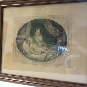 Antique lithograph, girl, child, frame behind glass, France, vintage