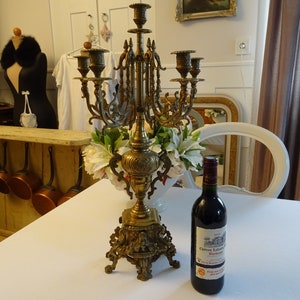 Imposing 6-burner candle holder, candlestick, candelabra with faun and mythical creatures, brass, France, Provence