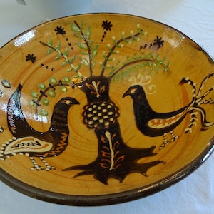 Cuenco de barro hecho a mano, motivo de pájaro, pintado a mano, vintage, frutero, tazón para servir