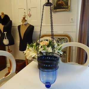 Hanging lamp, metal and blue glass, garden lighting, lighting, candle holder, France, vintage