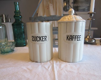 Set - Antique storage cans - sugar and coffee, earthenware, creamy white, kitchen, decoration