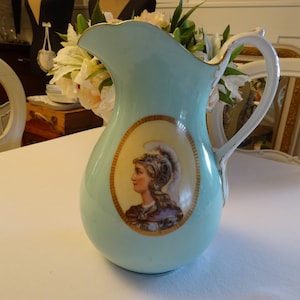 Large special water carafe woman with helmet in turquoise, tendril of leaves, gold mount, France, vintage, rare, collector