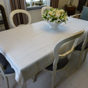 Linen tablecloth handmade geometric pattern broderie anglaise monogram BK
