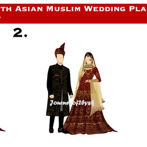 以下が含まれることがあります： 南アジアの伝統的な結婚式衣装を着た人々のイラストが3つあります。最初の画像は、赤と金の刺繍が施されたドレスと金のベールをつけた女性です。2番目の画像は、赤と金の刺繍が施されたドレスと金のベールをつけた女性と、黒と金のシェルワニを着た男性のカップルです。3番目の画像は、黒と金のシェルワニを着た男性です。