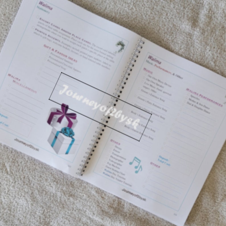 May include: A planner with a spiral binding, open to a page titled "Walima" with sections for "Music", "Walima Performances", and "Other". The page also features a small illustration of a musical note and a gift box with a purple ribbon.