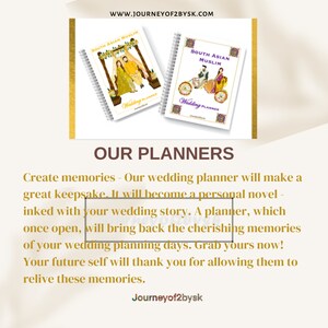 May include: Two South Asian Muslim wedding planners with gold spiral binding. The covers feature a traditional wedding mandap and a couple in wedding attire. The text on the cover reads "South Asian Muslim Wedding Planner".