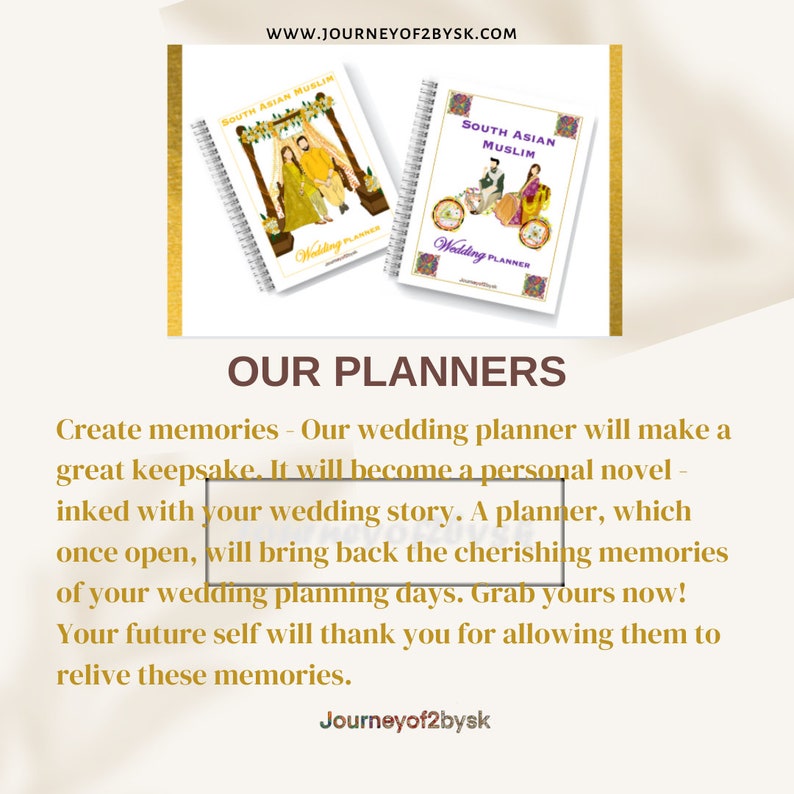 May include: Two South Asian Muslim wedding planners with gold spiral binding. The covers feature a traditional wedding mandap and a couple in wedding attire. The text on the cover reads "South Asian Muslim Wedding Planner".