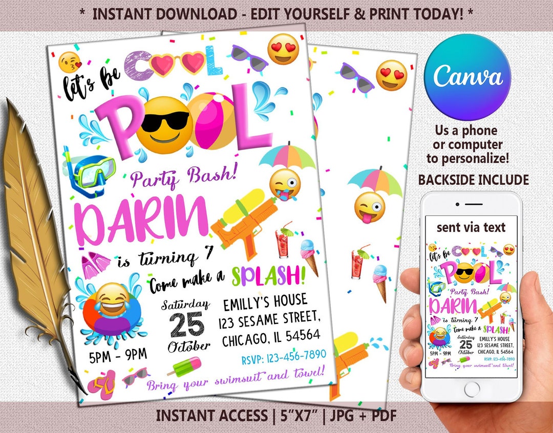 Emoji Pool Party Invitation Pool Party Birthday Invitation - Etsy