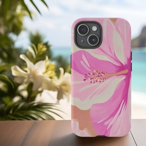 Pink Hibiscus Phone Case for iPhone 16 15 14 13 12 11, Tough Phone Case, Tropical Summer Smart Phone, Hawaiian Tropical Phone Cover