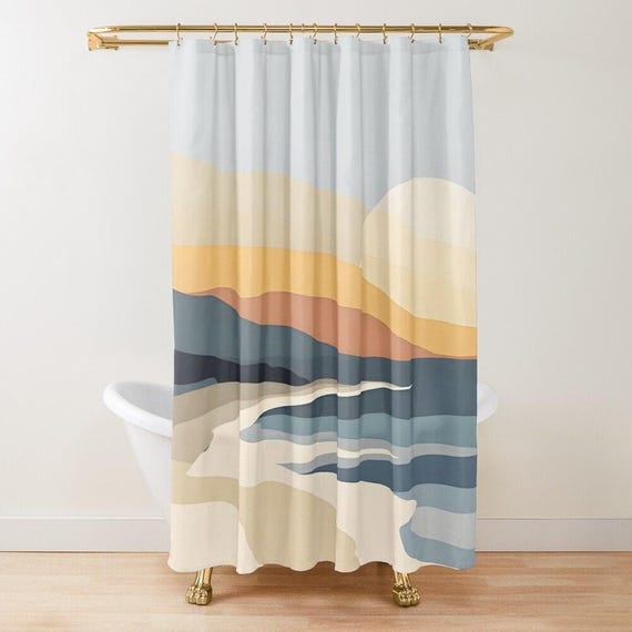 Boho Shower Curtain: Mid Century Modern Sun and Ocean Design