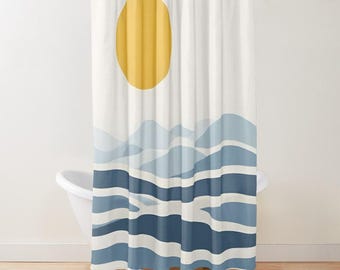 Abstract Sunrise Shower Curtain: Boho Mid Century Modern Design