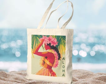 Bolso tote Aloha: Diseño hawaiano retro - Lona de algodón resistente