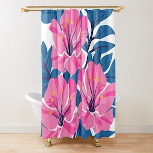May include: A shower curtain featuring a floral design with pink flowers and blue leaves on a white background.