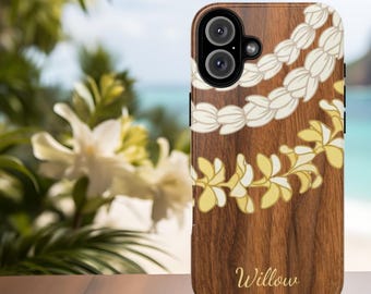 Stevig dubbellaags telefoonhoesje, aangepaste naam Hawaiian Lei-ontwerp, tropische telefoonhoes, iPhone 17