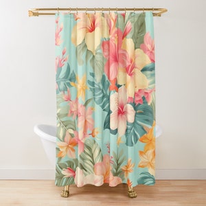 Tenda da doccia tropicale / Decorazione da bagno vintage hawaiana con ibisco floreale, accessori da bagno boho per casa al mare, tenda da bagno in stile costiero