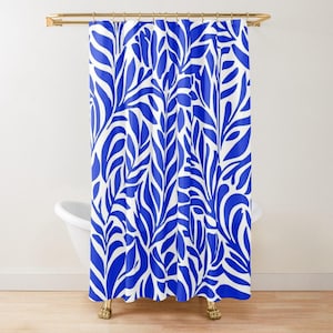Cortina de ducha de baño costera, diseño botánico azul y blanco (tamaño estándar)