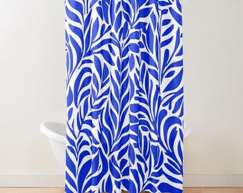 Coastal Bathroom Shower Curtain, Blue White Botanical (Standard Size)
