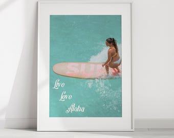 Arte mural de surfista hawaiano: vista aérea, impresión playera bohemia