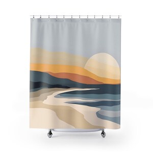 Boho Shower Curtain: Mid Century Modern Sun and Ocean Design image 3