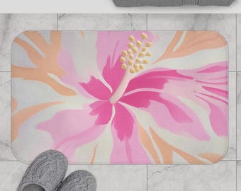 Hibiscus Bath Rug: Soft Pink Floral Design - Non-Slip Backing