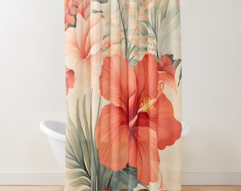Floral Shower Curtain, Tropical Shower Curtain, Beach House Decor, Hawaiian Shower Curtain, Hibiscus Bath Curtain, Botanical Bath Curtain