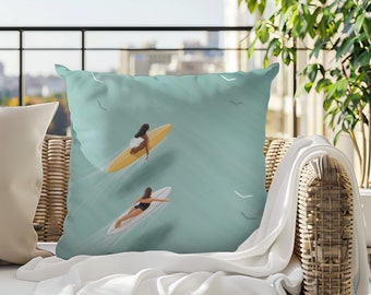 Decorative Coastal Pillow: Cowgirls Catching Waves (Square, Tropical)
