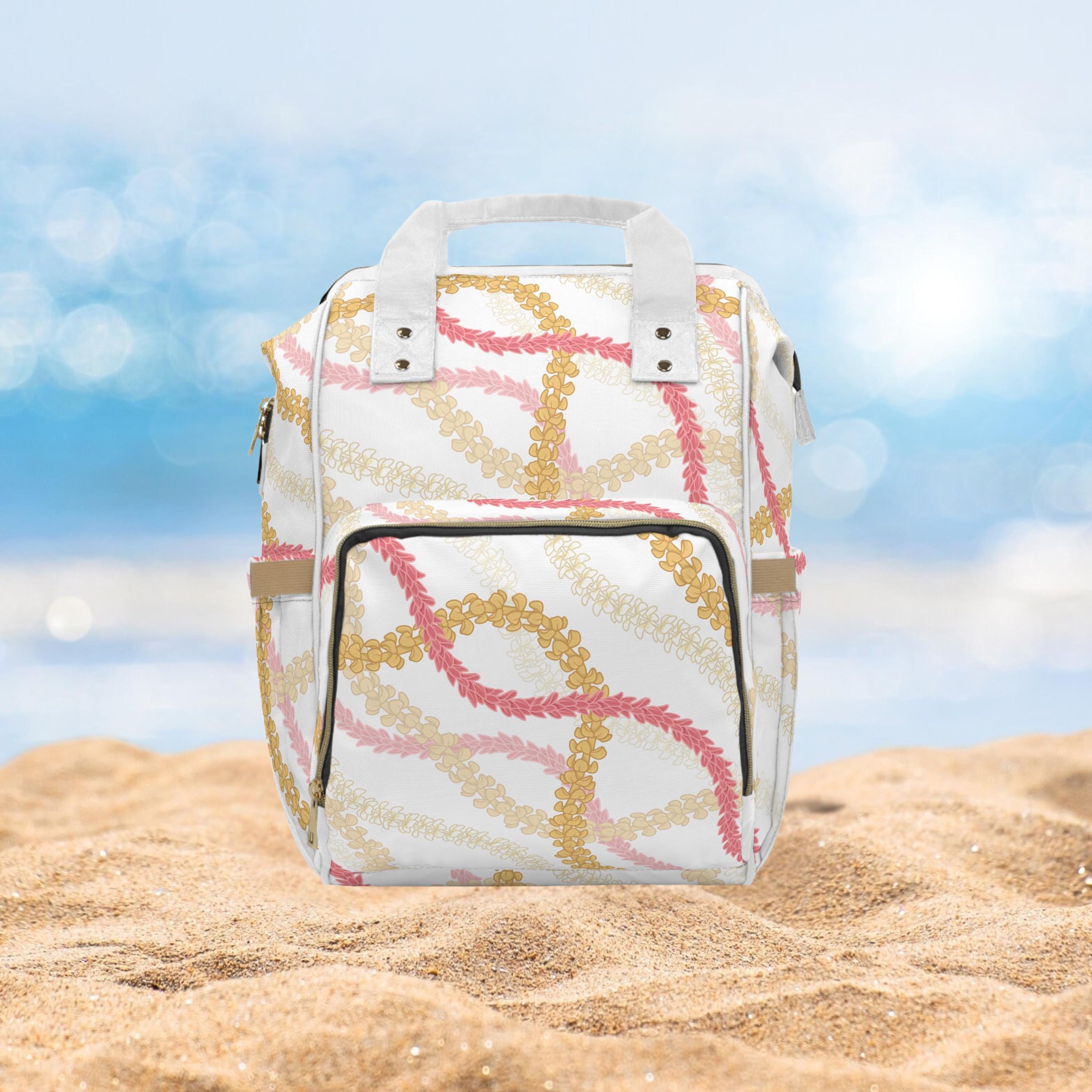 Tropical Diaper Bag Backpack, Hawaiian Lei Print, Pink Gold (Adjustable Straps)