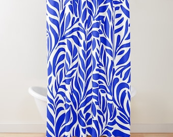 Shower Curtain, Matisse Decor, Modern Art Print, Coastal, Abstract Botanical, Contemporary Bathroom, Bathroom Accessory, Blue & White