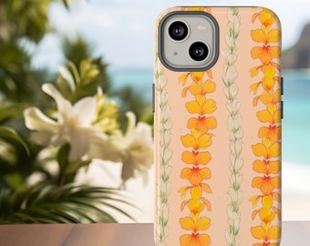May include: A phone case with a floral design featuring orange and white flowers on a peach background. The case has a camera cutout and a black border.