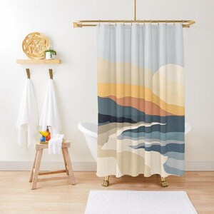Boho Shower Curtain: Mid Century Modern Sun and Ocean Design image 4