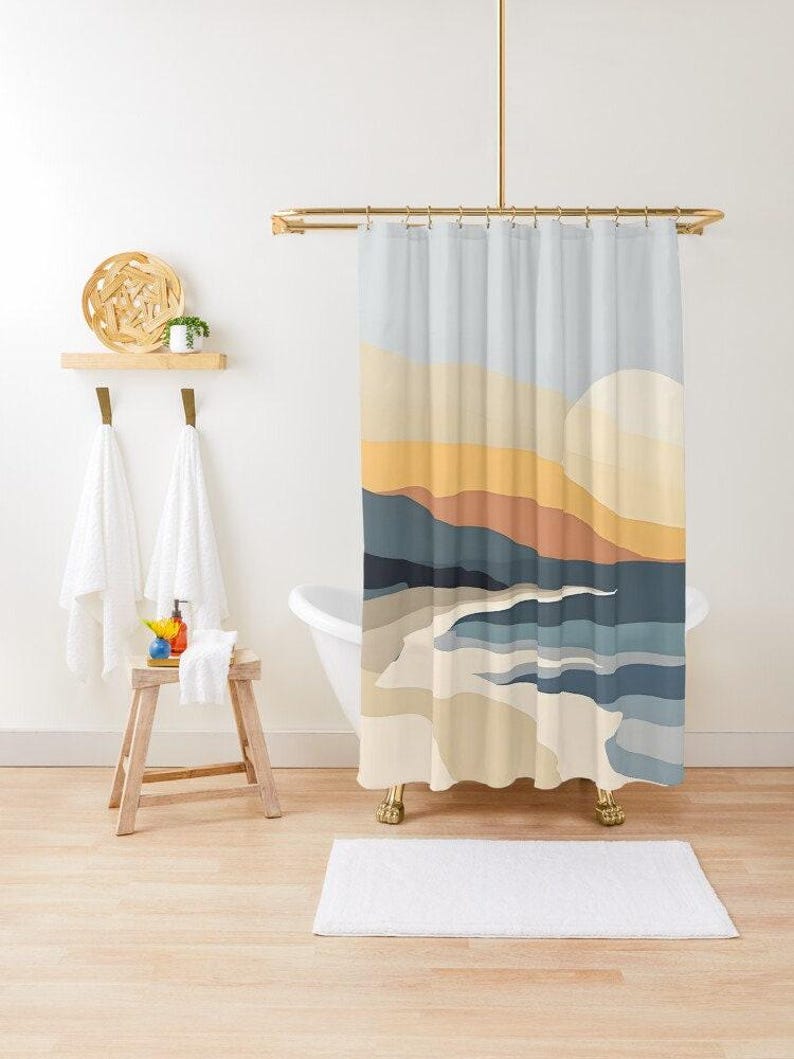 Boho Shower Curtain: Mid Century Modern Sun and Ocean Design image 4