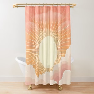 Abstract Sunrise Beach Shower Curtain, Bohemian Mid Century Modern Bath Curtain, Minimalist Boho Bath Curtain, Mid Century Sunset Decor