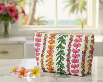 Tropical Floral Makeup Bag, Hawaiian Lei Design (Small & Large Sizes)
