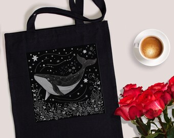 Whale Tote Bag, Cotton Canvas, Ocean Lover Design (15x16 inches)