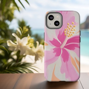Pink Hibiscus Phone Case for iPhone 16 15 14 13 12 11 & Tough, Abstract Watercolour Phone Case, Tropical Summer, Hawaiian Phone Cover