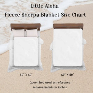 May include: Size chart for fleece sherpa blankets, showing two blankets on a queen-sized bed. The smaller blanket measures 50 inches by 60 inches, and the larger blanket measures 60 inches by 80 inches.