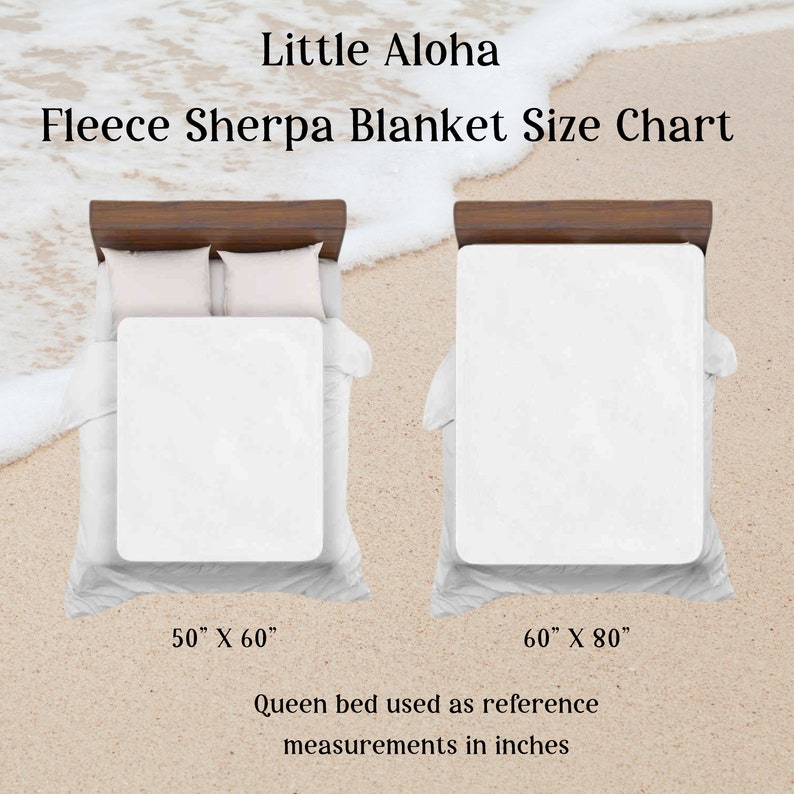 May include: Size chart for fleece sherpa blankets, showing two blankets on a queen-sized bed. The smaller blanket measures 50 inches by 60 inches, and the larger blanket measures 60 inches by 80 inches.
