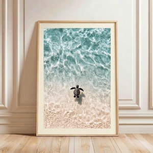 May include: Framed art print showing a sea turtle in clear turquoise water near a sandy beach. The print is in a light wood frame. The image evokes a coastal theme, with the water's surface reflecting sunlight.