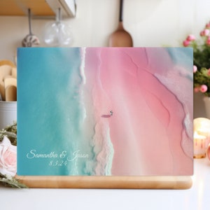 Personalized Glass Cutting Board, Wedding Gift, Charcuterie Serving Platter, Engagement Gift, Kitchen Gift, Ocean Beach Chopping Board