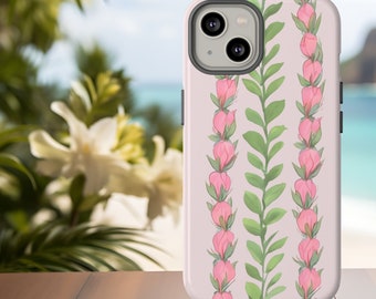 May include: A pink phone case with a floral design featuring pink flowers and green leaves. The case has a cutout for the camera lens.