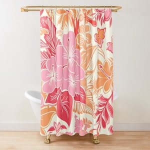 Hibiscus Shower Curtain, Pink Floral Bath Curtain, Hawaiian Home Decor, Coastal Style, Housewarming Gift, Tropical Curtain, Home Decor