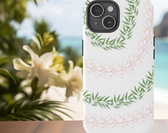 May include: A white phone case with a green and pink floral design. The case has a cutout for the camera lens.