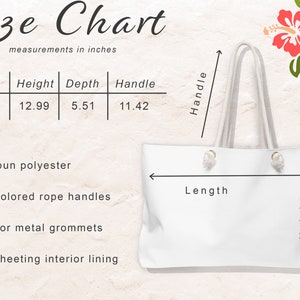 May include: White tote bag with cream-colored rope handles and gold metal grommets. The bag measures 24.02 inches long, 12.99 inches high, 5.51 inches deep, and has handles that are 11.42 inches long. The bag is made of 100% spun polyester and has a cream-colored sheeting interior lining.