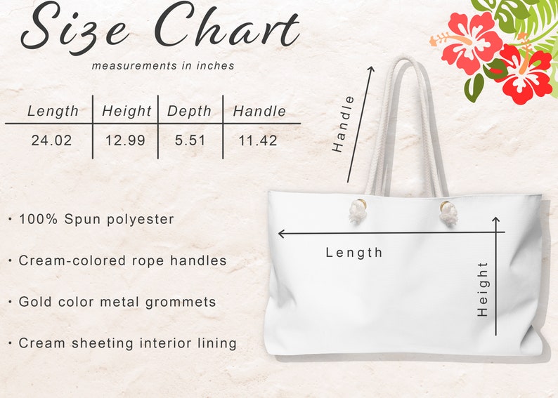 May include: White tote bag with cream-colored rope handles and gold metal grommets. The bag measures 24.02 inches long, 12.99 inches high, 5.51 inches deep, and has handles that are 11.42 inches long. The bag is made of 100% spun polyester and has a cream-colored sheeting interior lining.