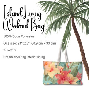 May include: A cream-colored tote bag with a tropical floral print. The bag is made of 100% spun polyester and has a T-bottom. It measures 24 inches by 13 inches (60.9 cm x 33 cm).