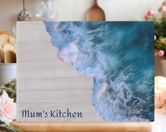 Ocean Wave Glass Cutting Board - Personalized Gift for Mum's Kitchen, Custom Name Option - Beach House Decor, Housewarming Present