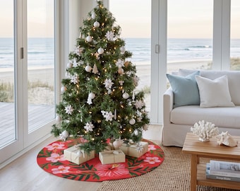 Tropical Christmas Tree Skirt | Hibiscus Plumeria Wreath, Red Holiday Decor (44" Diameter)