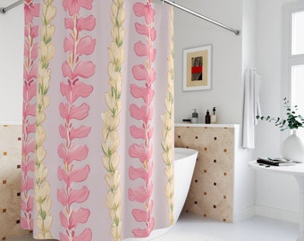 Hawaiian Flower Lei Shower Curtain, Pink Boho Floral, Bathroom Decor