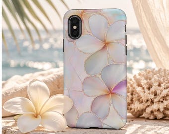 May include: A smartphone case featuring a soft, iridescent floral pattern with white, pale pink, and light purple petals outlined in fine gold glitter. The design covers the entire back of the rectangular case, which has a black camera cutout.