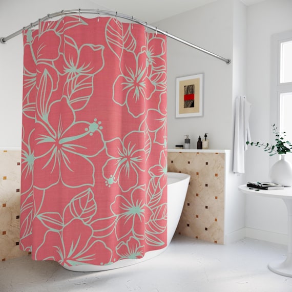 Tropical Hibiscus Shower Curtain: Vintage Floral One-Sided Print